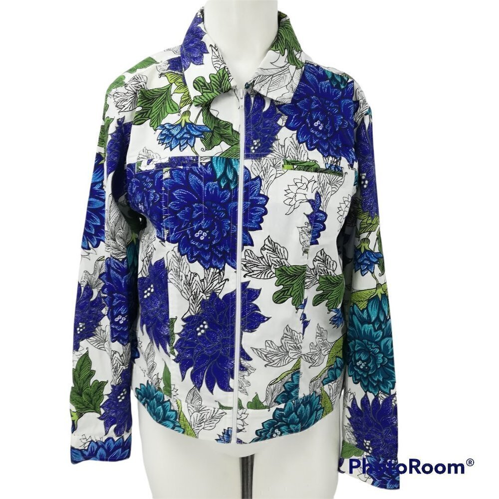 Chicos Zip Front Blazer Jacket Size 0 S 4 Shacket Blue Floral White Stretch
